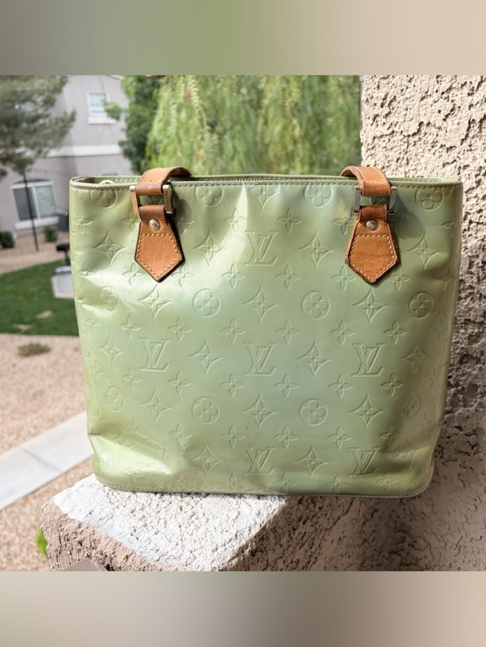 Louis Vuitton Green Vernis Monogram Patent Tote with Vachetta Handles